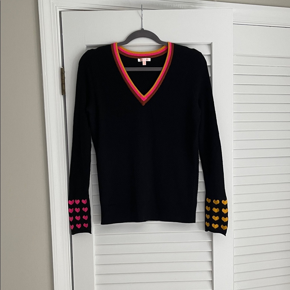 Lisa Todd Black V-Neck Sweater with Pink, Yellow and Brown Heart Accents